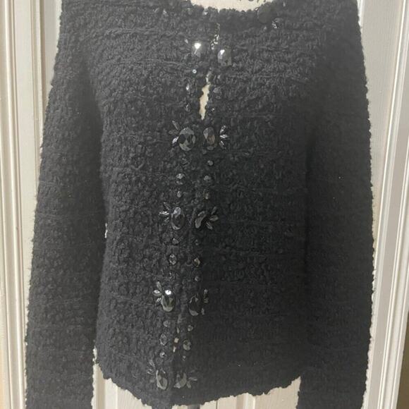 CHICOS TWEED SWEATER BLACK JEWELED Sz M FRINGED EMBELLISHMENT SOPHISTICATED - Picture 10 of 16